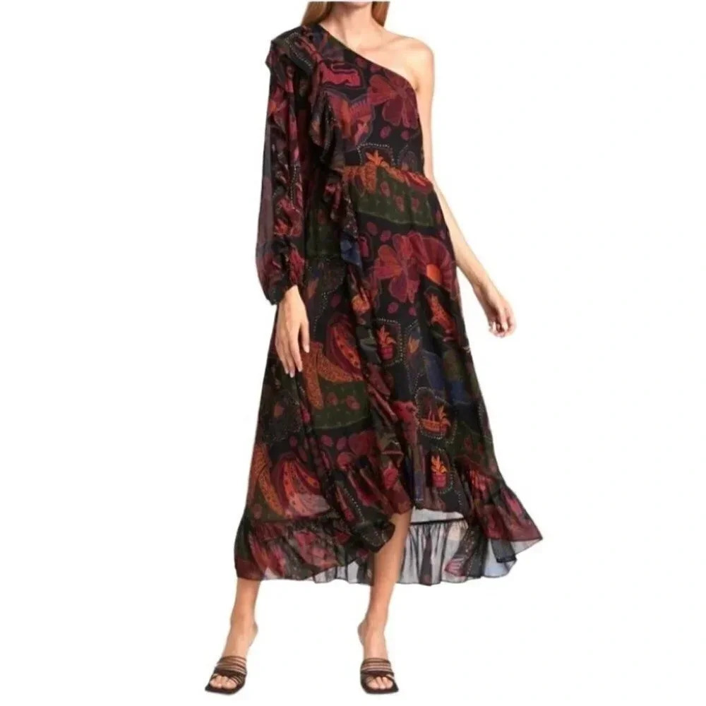 NWT Farm Rio Floral Ruffle Printed One-Shoulder Vacation Tropical Dress Size: XS
